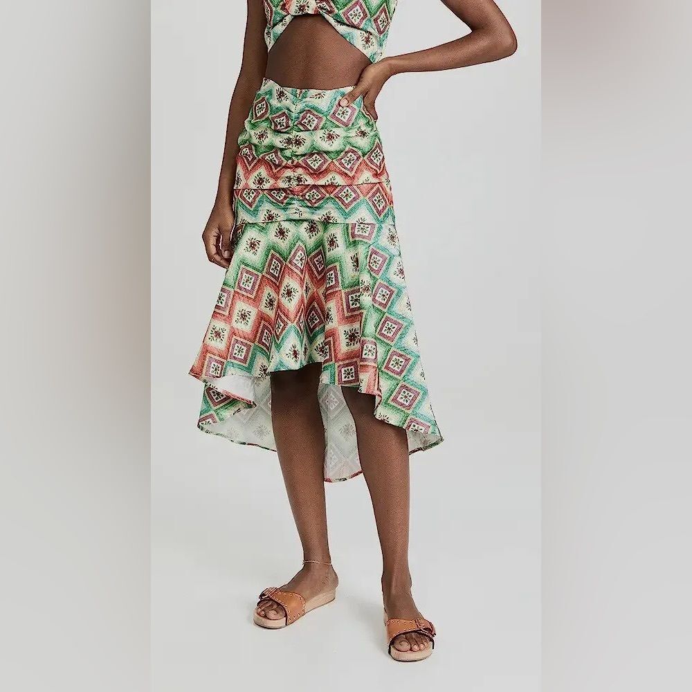 NWOT Autumn Adeigbo Women's Green Floral Soraya Ruched Hi-Lo A-Line Skir…